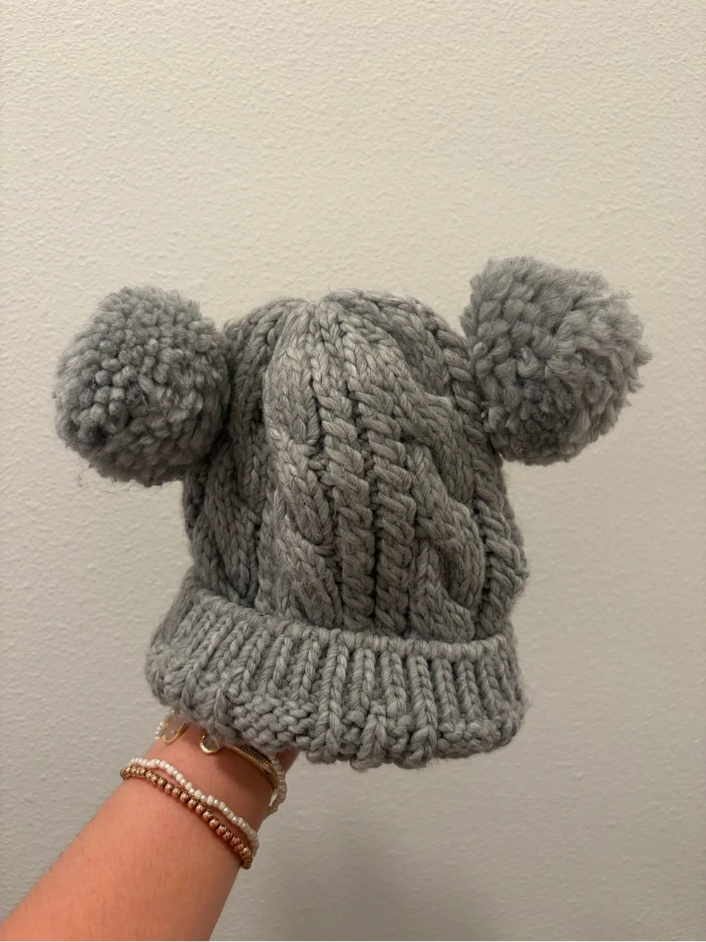 Mickey Mouse Ears Knit Pom Pom Beanie - Gray